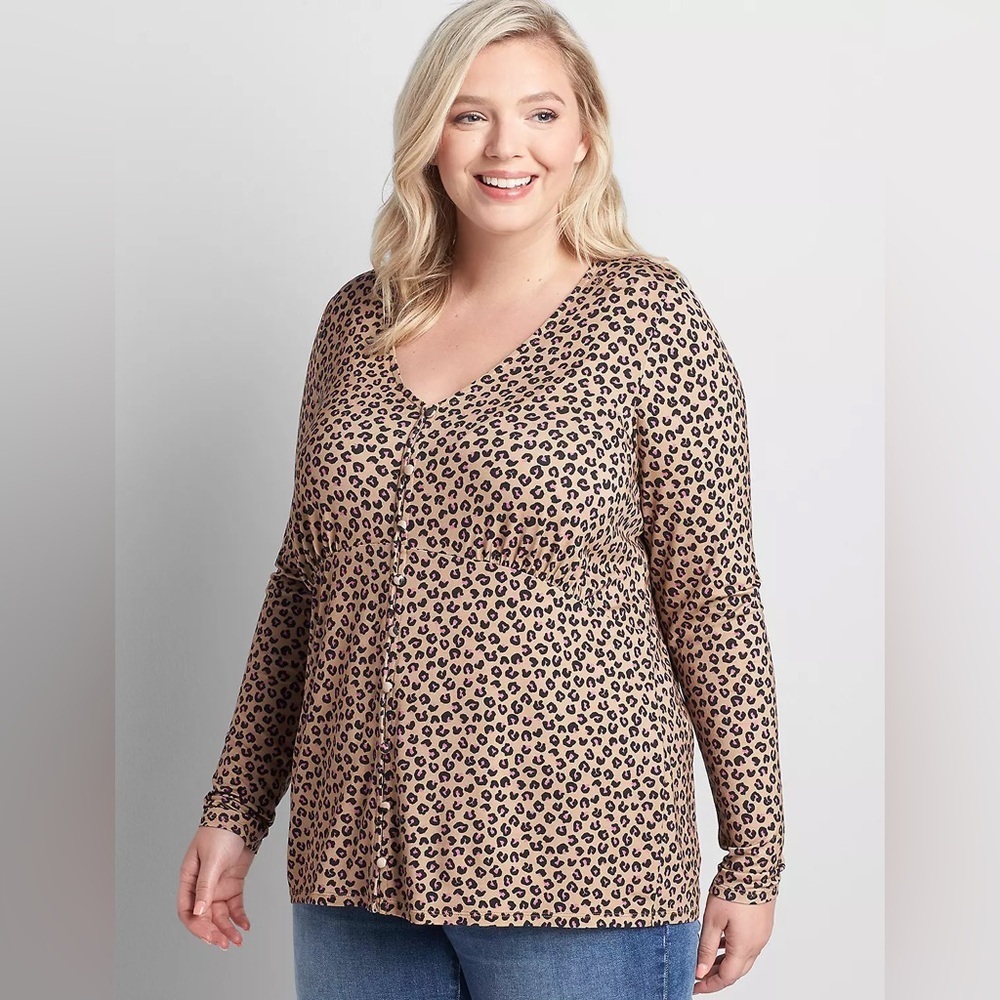 Lane Bryant Cheetah Print Brown and Black Knit Blouse With Button Detail
